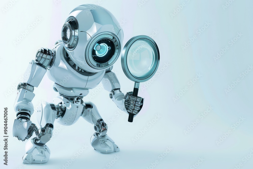 Round futuristic robot holding a magnifying glass, symbolizing exploration and curiosity in the field of artificial intelligence and technology, Generative AI Round futuristic robot holding a magnifying glass, symbolizing exploration and curiosity in the field of artificial intelligence and technology, Generative AI