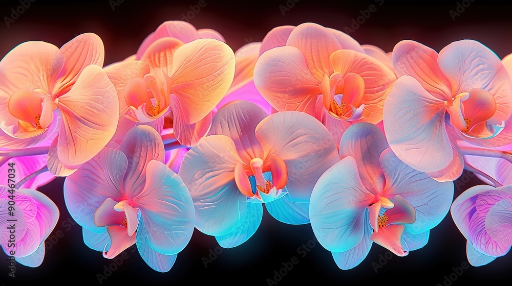 A detailed image of various blue and pink flowers against a dark background The focal point is the vibrant floral cluster at the center of the frame A detailed image of various blue and pink flowers against a dark background The focal point is the vibrant floral cluster at the center of the frame