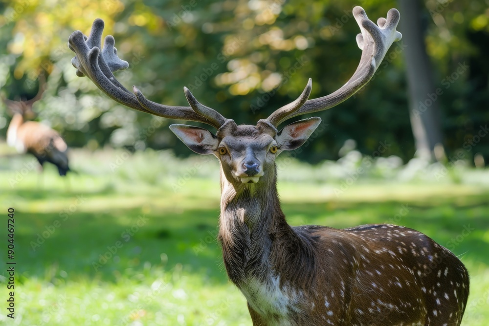 A realistic depiction of a deer with impressive antlers standing in a sunlit meadow, highlighting the beauty of natural wildlife and serene outdoor environments. A realistic depiction of a deer with impressive antlers standing in a sunlit meadow, highlighting the beauty of natural wildlife and serene outdoor environments.