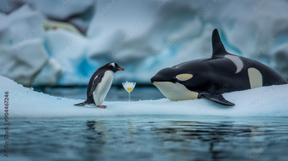 Obraz premium Penguin enjoying a cocktail with orca on an iceberg for National Wildlife Day on September 4th