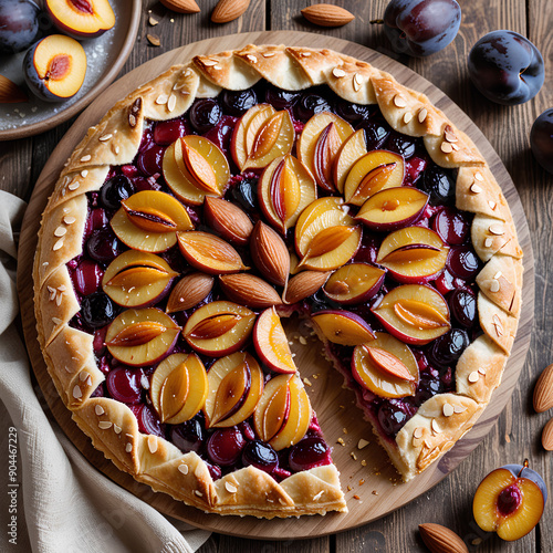  Delicious open pie plum galette with almonds close-up on a wooden board. Horizontal top view photo