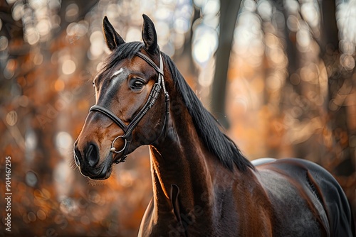 Majestic Brown Horse Stands Gracefully Amidst Autumn Trees in Golden Light