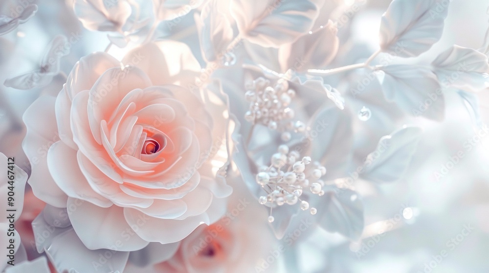 A close-up photo of a group of flowers featuring pearls placed atop the middle of their petals, with the center of each blossom also positioned in the center of the A close-up photo of a group of flowers featuring pearls placed atop the middle of their petals, with the center of each blossom also positioned in the center of the