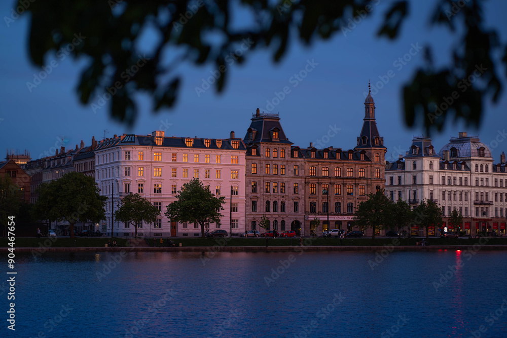 Naklejka premium Sunset at Frederiksholm Canal and old buildings in Copenhagen