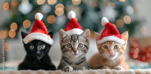 Three Kittens in Santa Hats Relaxing by a Christmas Tree With Twinkling Lights
