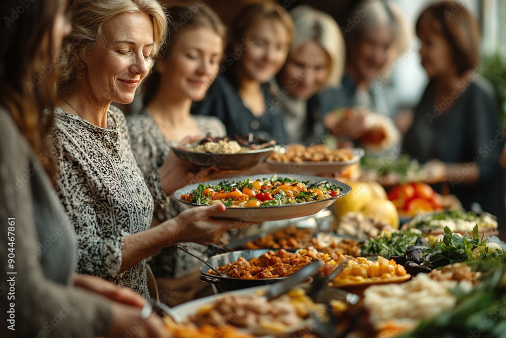 Photograph of a Group at a Potluck Dinner: Friends and neighbors sharing homemade dishes at a potluck. Photograph of a Group at a Potluck Dinner: Friends and neighbors sharing homemade dishes at a potluck.