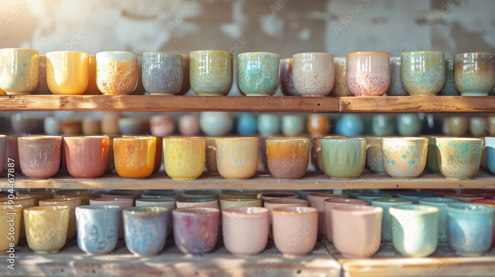 A shelf full of colorful mugs, including yellow, orange, blue, and green. The mugs are arranged in a way that makes it easy to see the variety of colors and designs. Concept of abundance and variety A shelf full of colorful mugs, including yellow, orange, blue, and green. The mugs are arranged in a way that makes it easy to see the variety of colors and designs. Concept of abundance and variety