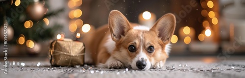 Corgi Relaxing by Christmas Tree With Gift in Cozy Home Setting