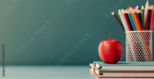 Red Apple on Stack of Notebooks With Colorful Pencils in Container Against a ...