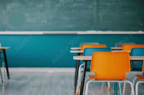 Empty Classroom With Colorful Chairs and Black Chalkboard in Bright Morning L...
