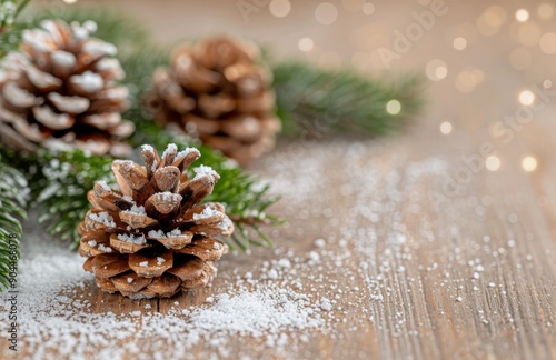 Snow-Dusted Pine Cones on Wooden Surface During Winter Evening