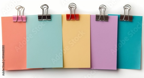 Colorful Sticky Notes Secured With Metal Clips on White Background