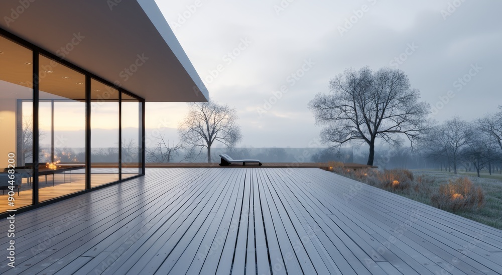 Fototapeta premium Modern House Surrounded by Lush Gardens at Twilight