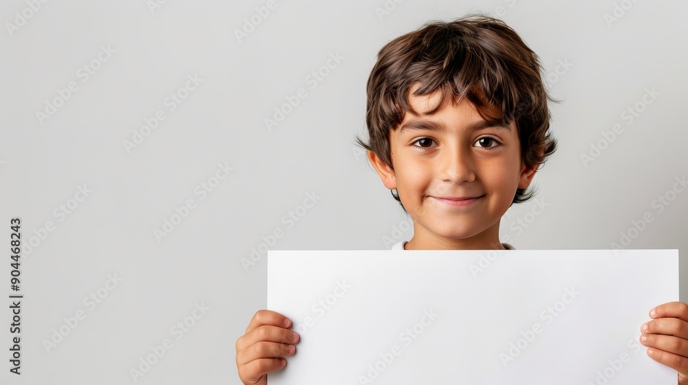 A young boy smiles warmly as he holds a blank piece of white paper, standing against a neutral background. Perfect for educational content or marketing promotions. A young boy smiles warmly as he holds a blank piece of white paper, standing against a neutral background. Perfect for educational content or marketing promotions.