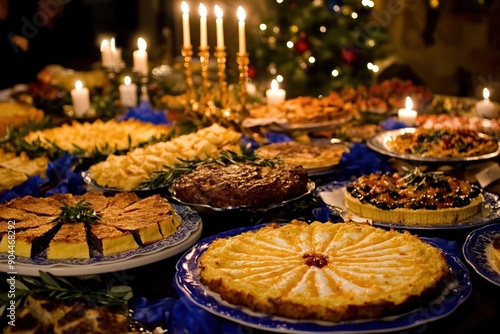 Traditional Hanukkah Feast with Candlelight
 photo