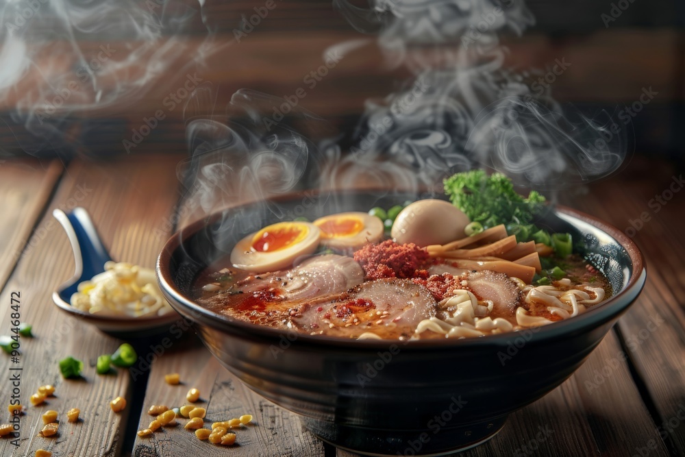 A steaming hot bowl of delicious ramen topped with boiled eggs, green onions, and other ingredients, radiating warmth and culinary inspiration perfect for food enthusiasts. A steaming hot bowl of delicious ramen topped with boiled eggs, green onions, and other ingredients, radiating warmth and culinary inspiration perfect for food enthusiasts.
