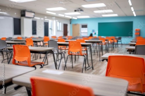 Empty Classroom With Colorful Chairs and Black Chalkboard in Bright Morning L...