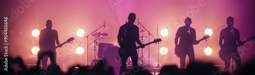Live Music Performance at Night With Silhouetted Band Against Colorful Lights