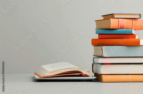 Stacked Books on a Tablet With Open Pages in a Minimalist Workspace