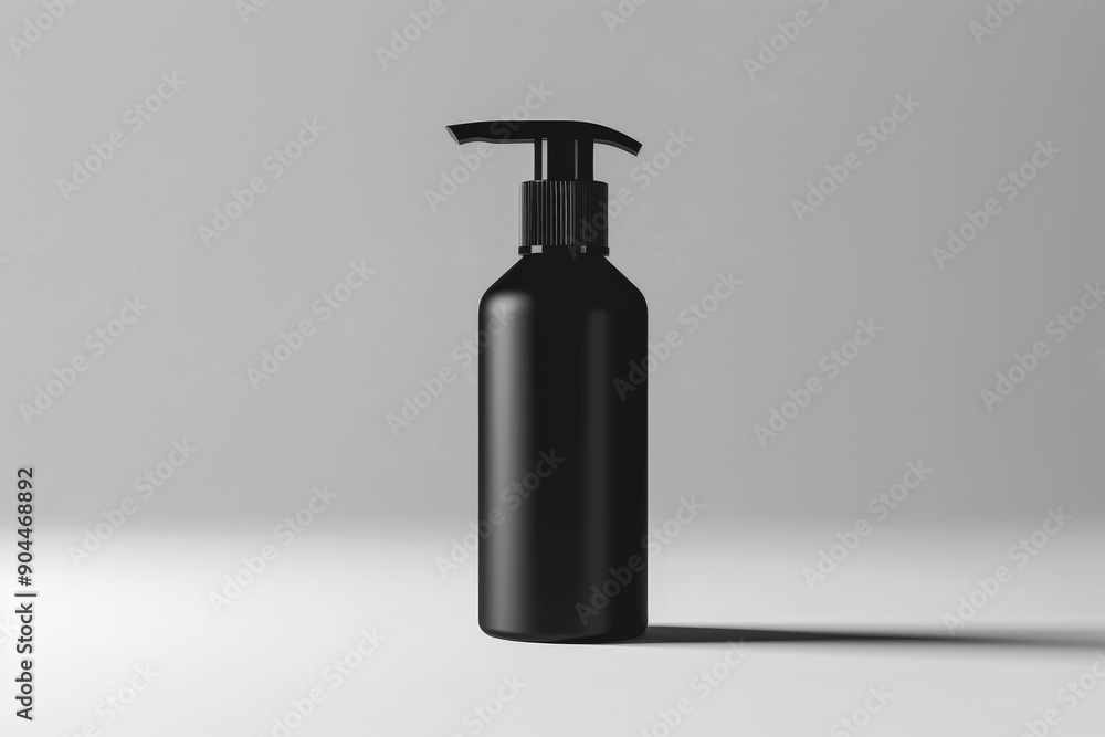 The image displays a black plastic pump bottle highlighted against a stark contrasting light. Its minimalist and modern aesthetic makes it perfect for high-end product advertisements. The image displays a black plastic pump bottle highlighted against a stark contrasting light. Its minimalist and modern aesthetic makes it perfect for high-end product advertisements.