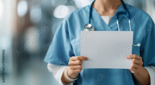 Healthcare Professional Holding Blank Document in Hospital Setting