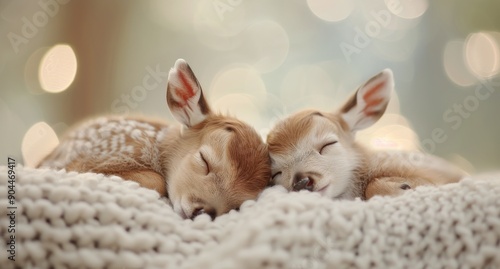 Twin Fawns Sleeping Comfortably Together on a Cozy Blanket