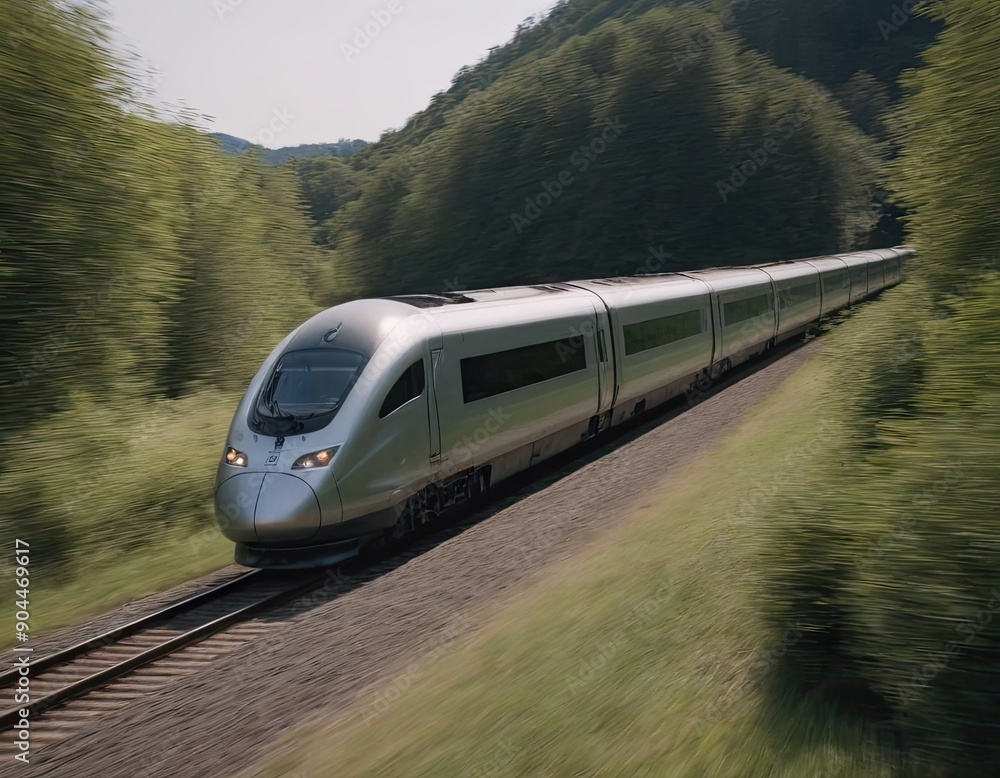 Naklejka premium Modern high-speed train approaches to the station at spring morning time.