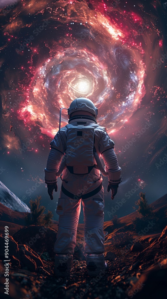 Space explorer standing before a swirling galaxy.
Space explorer standing before a swirling galaxy.