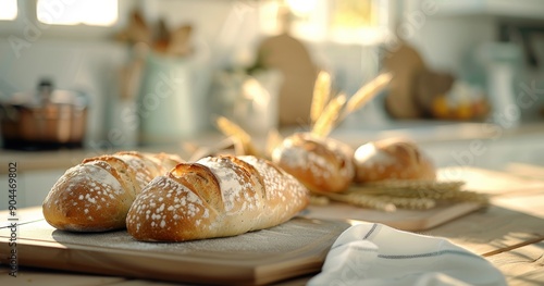 Freshly Baked Bread Rolls on a Wooden Board in a Sunlit Kitchen