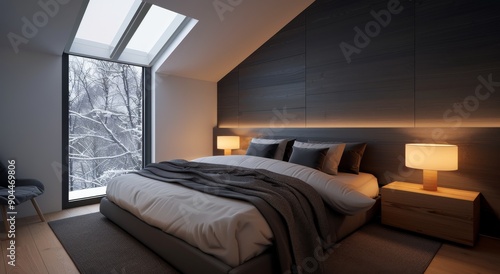 Modern Bedroom With Large Window Overlooking Winter Landscape