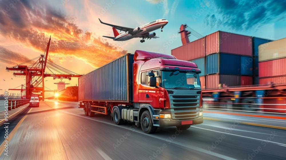 Semi trailer truck driving on highway at sunset with cargo ship and airplane Semi trailer truck driving on highway at sunset with cargo ship and airplane
