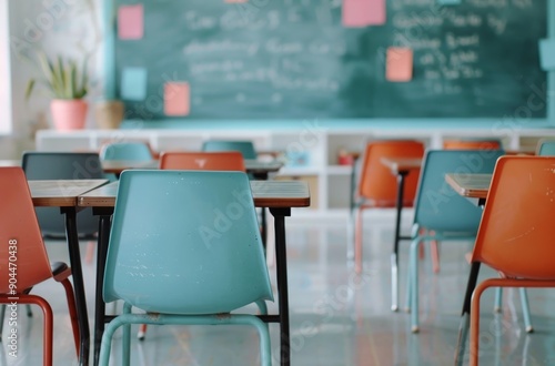 Empty Classroom With Colorful Chairs and Black Chalkboard in Bright Morning L...
