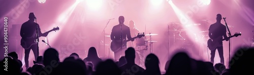 Live Music Performance at Night With Silhouetted Band Against Colorful Lights