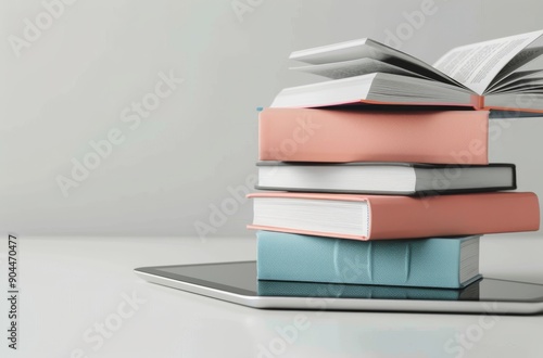 Stacked Books on a Tablet With Open Pages in a Minimalist Workspace