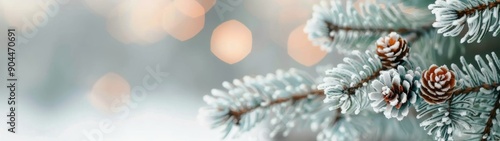 Snow-Covered Pine Branches With Pinecones and Soft Bokeh Background in Winter...