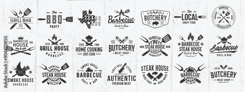 Vintage BBQ, Grill logo set. Kitchen related emblems set. Butchery, Barbecue, Cooking Class and Restaurant emblems templates. Vector illustration