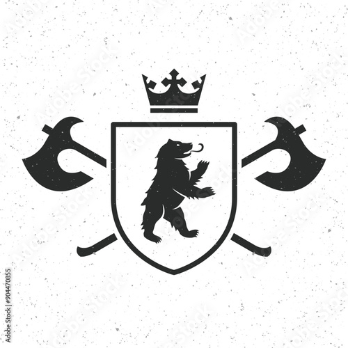Vintage emblem with shield, crown, Axes and Bear silhouette. Heraldry, Crest template. Vector illustration