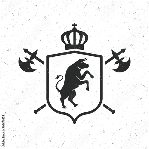 Vintage emblem with shield, crown, Axes and Bull silhouette. Heraldry, Crest template. Vector illustration