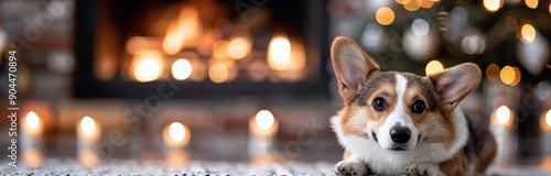 Corgi Relaxing by Christmas Tree With Gift in Cozy Home Setting