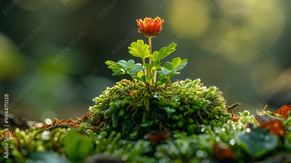 A single red flower blooms amidst lush green moss in a tranquil forest setting, illuminated by soft sunlight. A single red flower blooms amidst lush green moss in a tranquil forest setting, illuminated by soft sunlight.