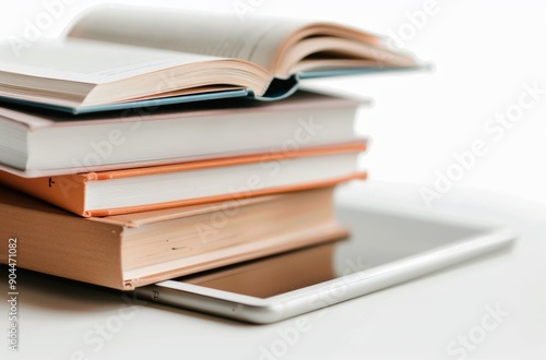 Stacked Books on a Tablet With Open Pages in a Minimalist Workspace