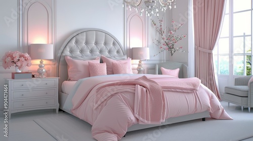 Elegant Pink Bedroom Decor With Floral Accents in a Bright, Modern Setting