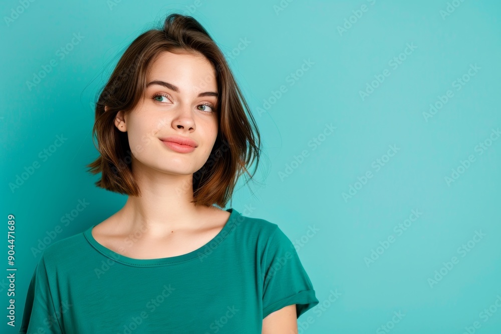 positive woman wearing green shirt, empty space isolated on blue background positive woman wearing green shirt, empty space isolated on blue background