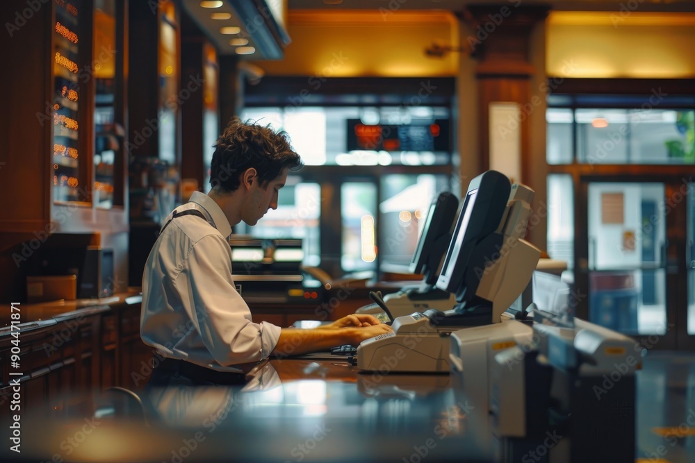 Young cashier is using a cash register in a store Young cashier is using a cash register in a store
