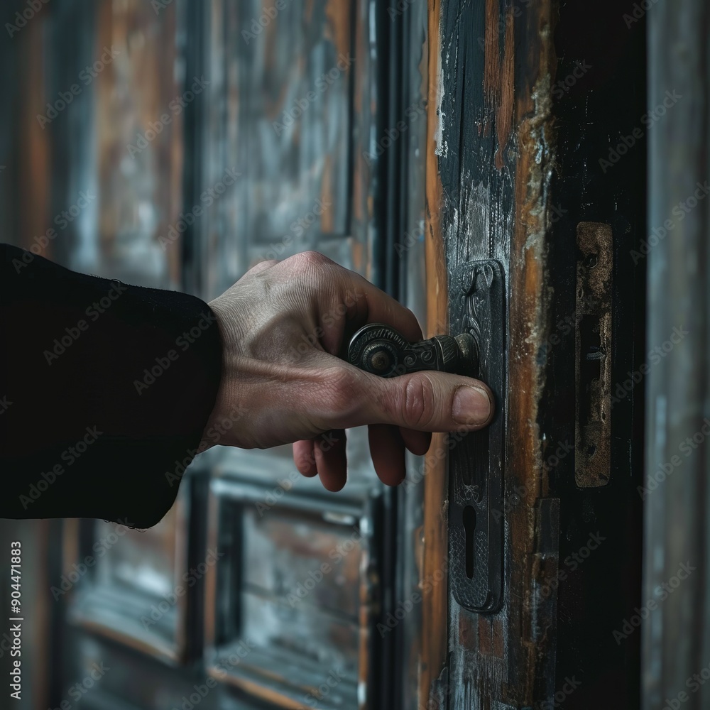 close-up of a hand opening an old door close-up of a hand opening an old door