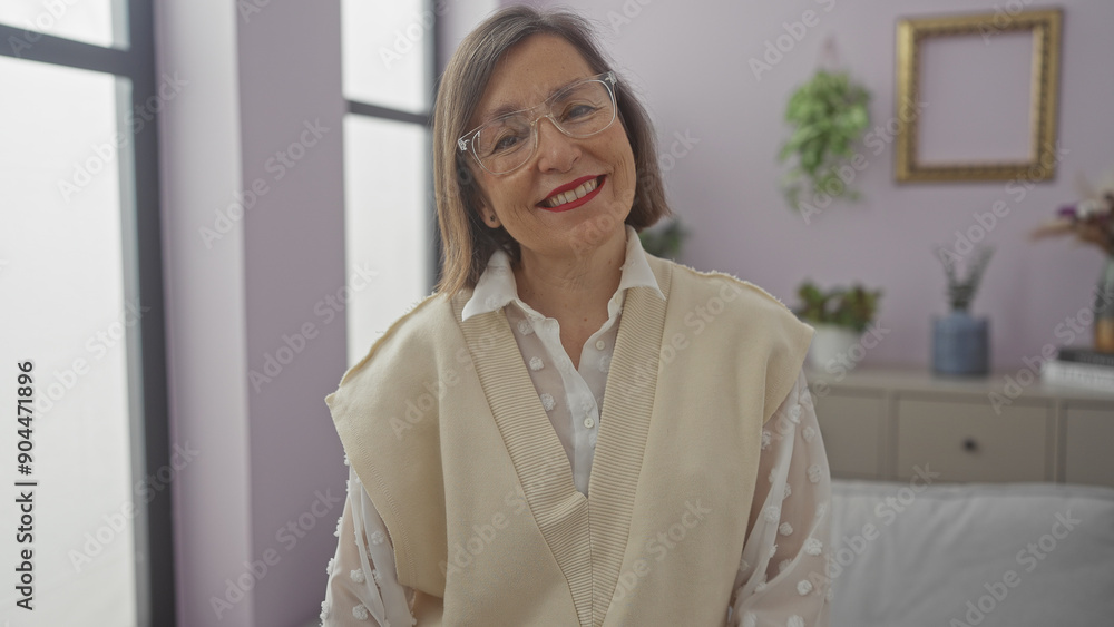 Smiling mature hispanic woman with glasses in a cozy living room at home, wearing casual clothing Smiling mature hispanic woman with glasses in a cozy living room at home, wearing casual clothing