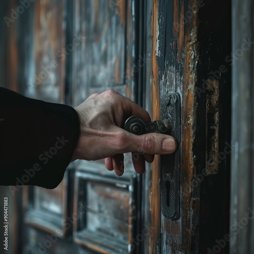 close-up of a hand opening an old door