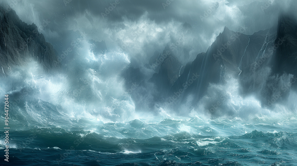 Fototapeta premium A tumultuous ocean storm with towering waves crashing against dark, jagged cliffs under an ominous, cloudy sky.