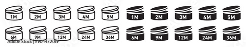 Pao symbols set of 1m, 2m, 3m, 4m, 5m, 6m, 9m, 12m, 24m, and 36m. Expiration month of cosmetics. Cosmetic period of use after opening. cosmetic open month life shelf logos.