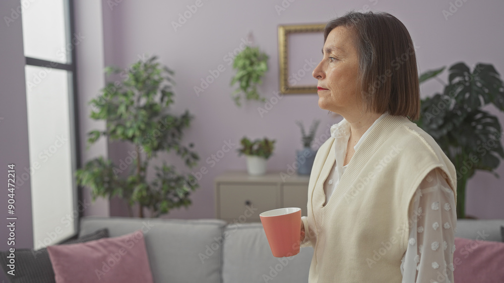 Middle-aged woman holding cup indoors modern apartment living room plants Middle-aged woman holding cup indoors modern apartment living room plants